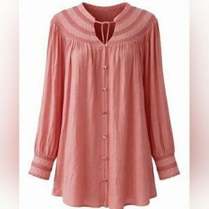 Boho 2XL Cottage Prairie Coral Smocked Embroidered Flowy Soft Stretch Top New